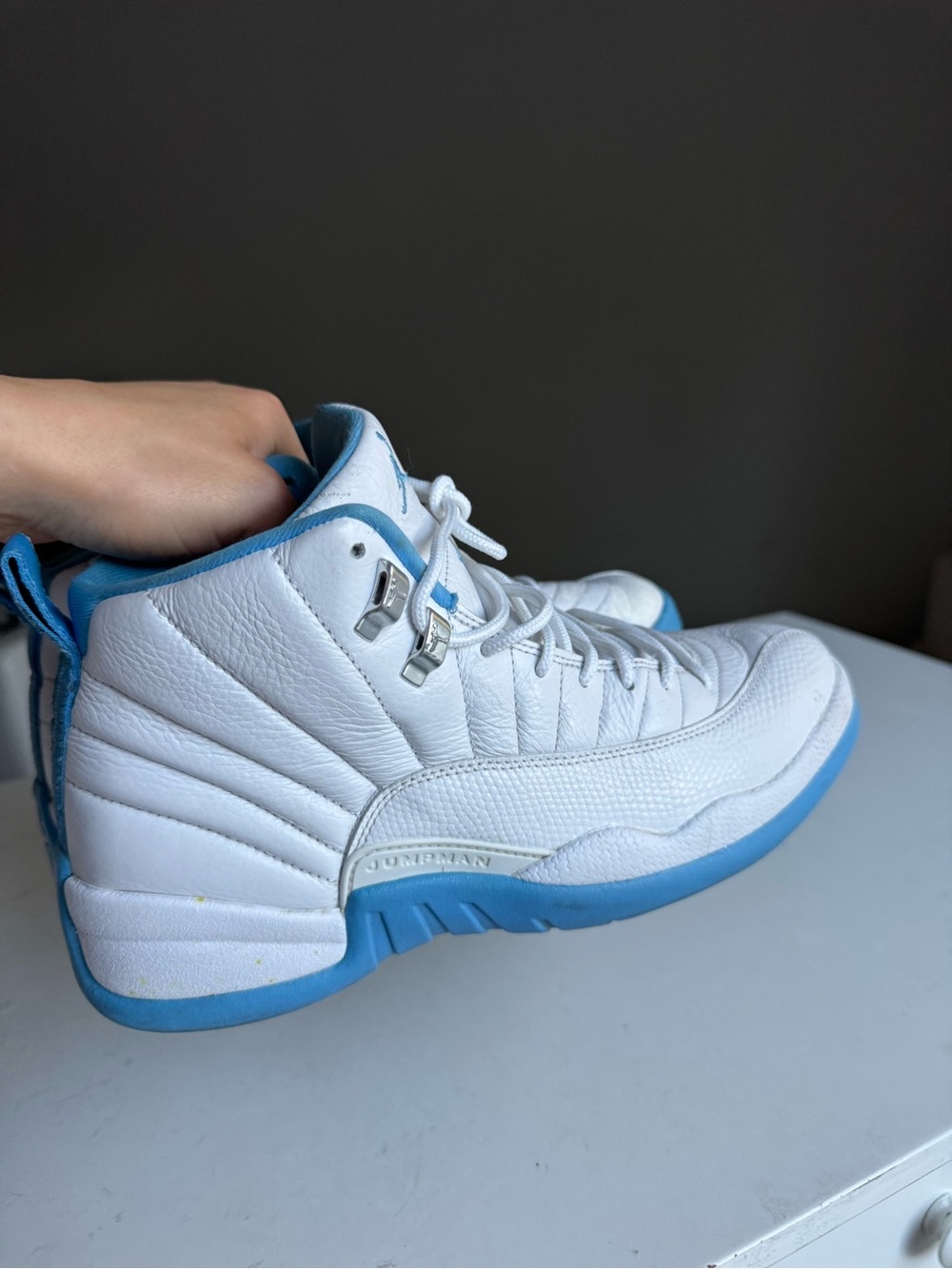 Air Jordan Kids' Retro 12 White and University Blue Sneakers - Picture 2 of 10